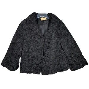 Hens & Kelly Coat Womens Large‎ Black Curly Textured Crop Glam Neutral Vintage